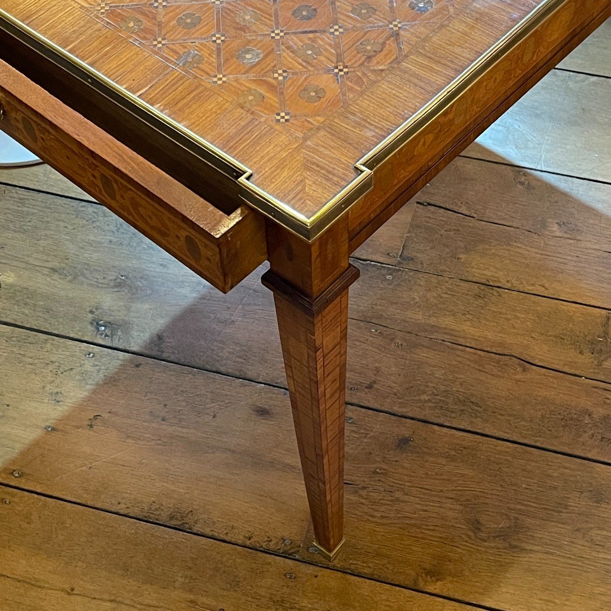 Table / Bureau Louis XVI Directoire Marquetée, Ceinture Laiton 2 Tiroirs, 19ème-photo-7