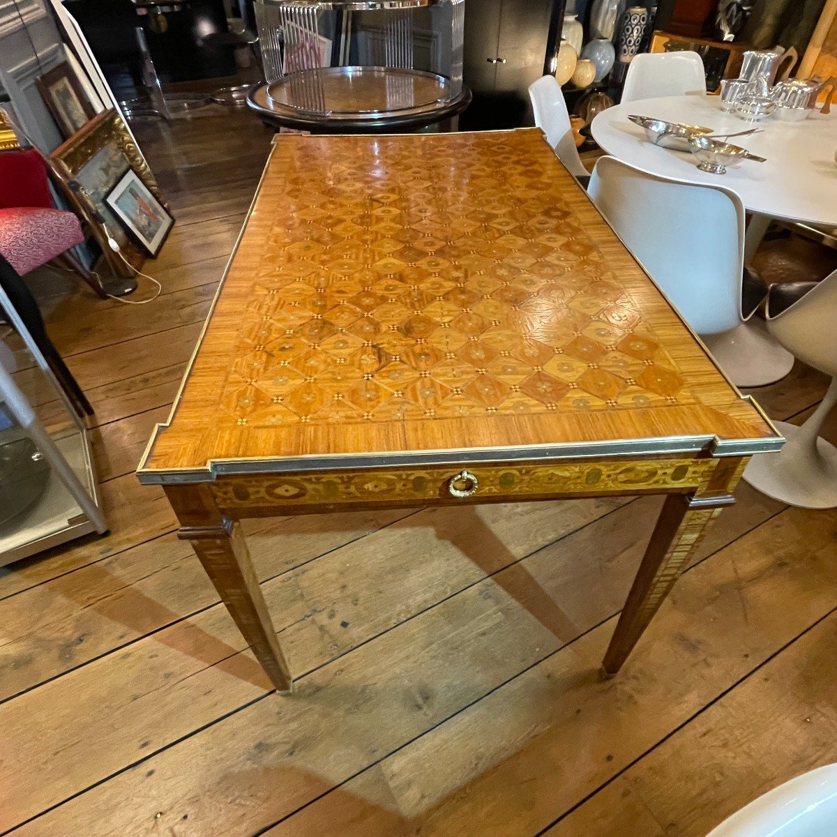 Table / Bureau Louis XVI Directoire Marquetée, Ceinture Laiton 2 Tiroirs, 19ème-photo-8