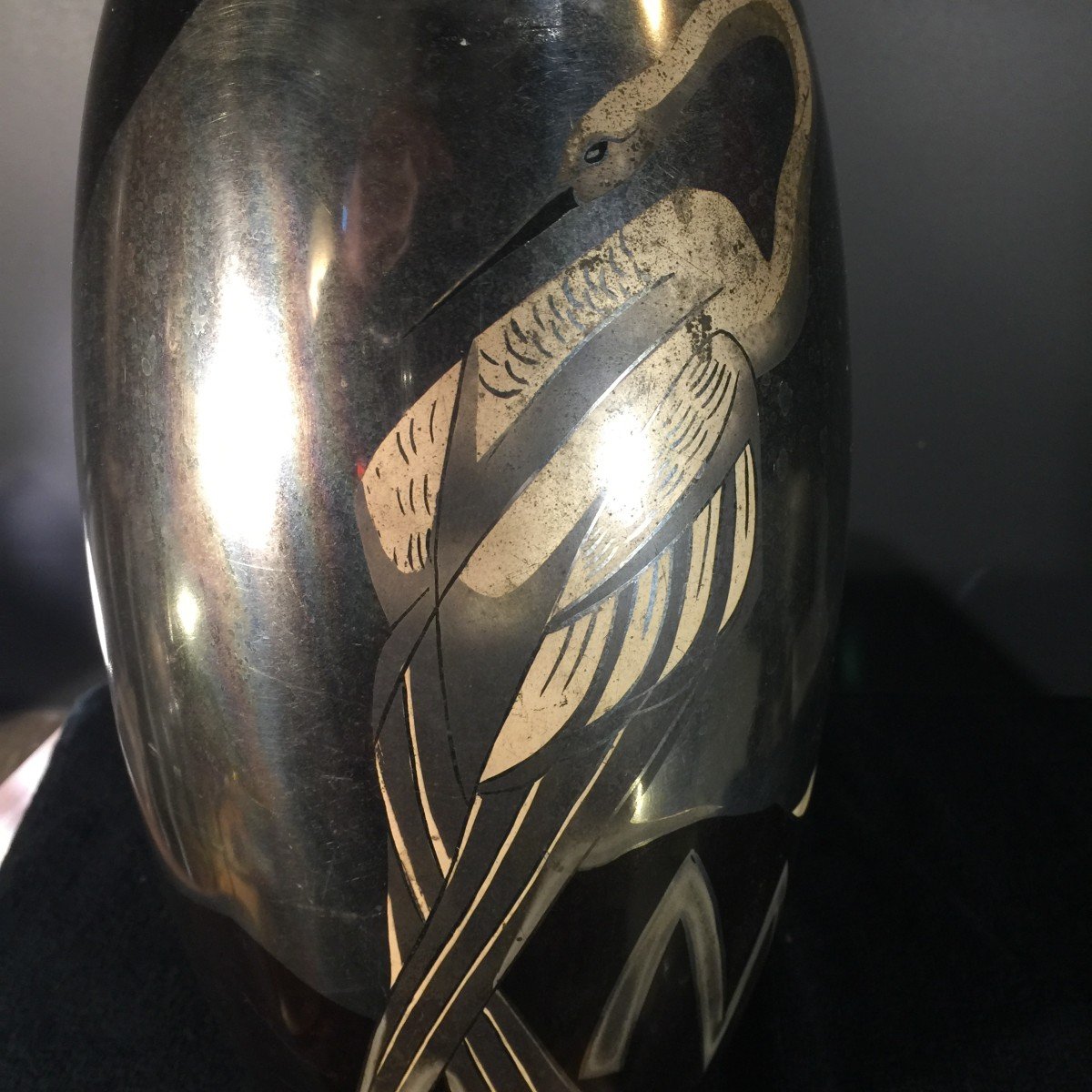 Lucien Gerfaux, Art Deco Vase In Dinanderie, Animal Decor In Heron, Ca 1930-photo-4