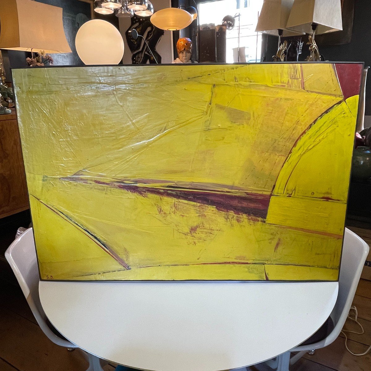 Serge Detriaux " Abstraction Jaune " Tableau Abstrait, Huile sur Panneau, 1982-photo-2