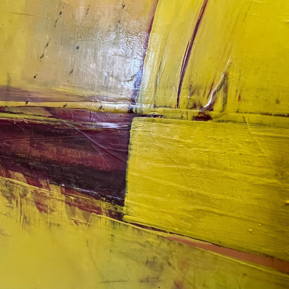 Serge Detriaux " Abstraction Jaune " Tableau Abstrait, Huile sur Panneau, 1982-photo-3