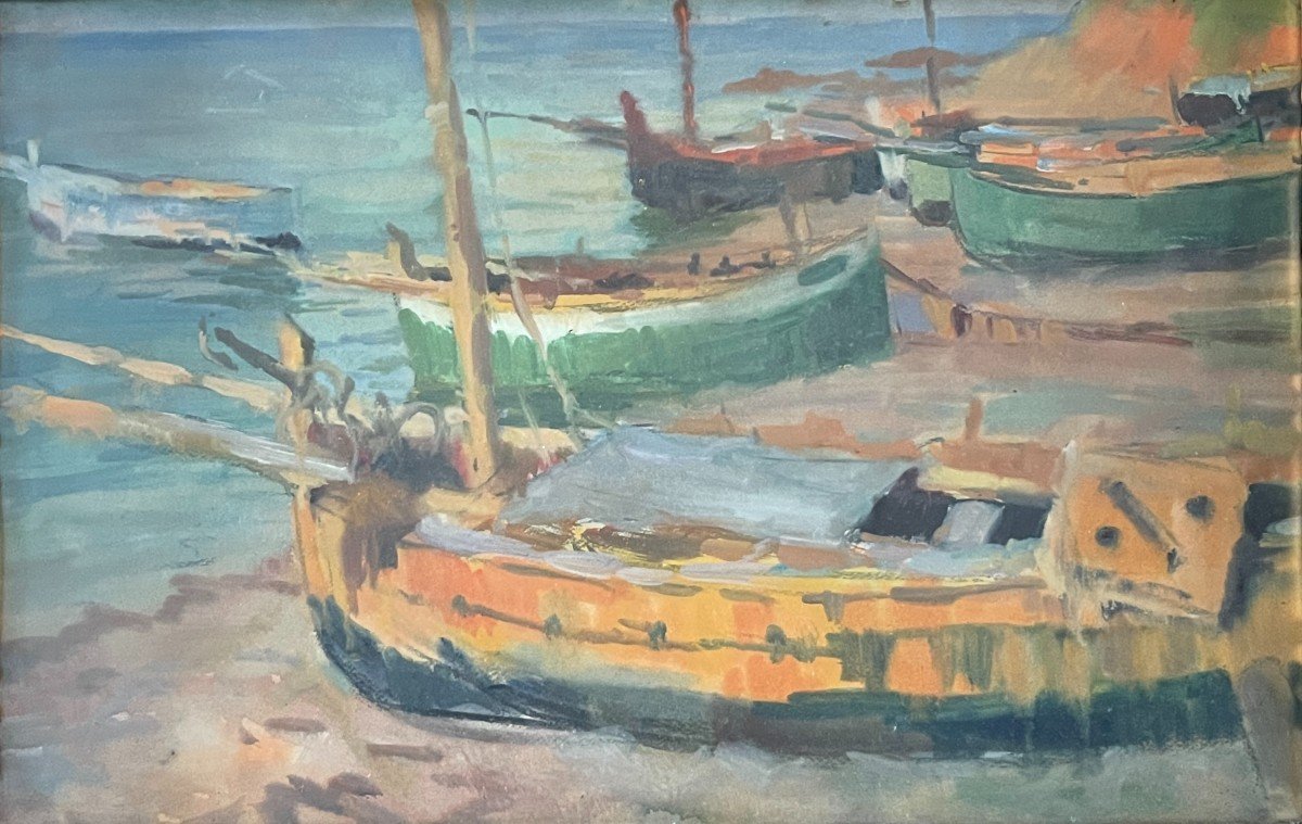 JULES VAN DE LEENE, Tableau " Barques échouées ", Gouache sur carton, ca 1920-photo-2