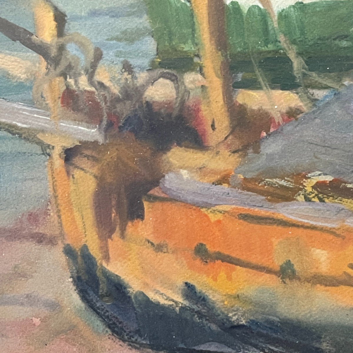 JULES VAN DE LEENE, Tableau " Barques échouées ", Gouache sur carton, ca 1920-photo-4