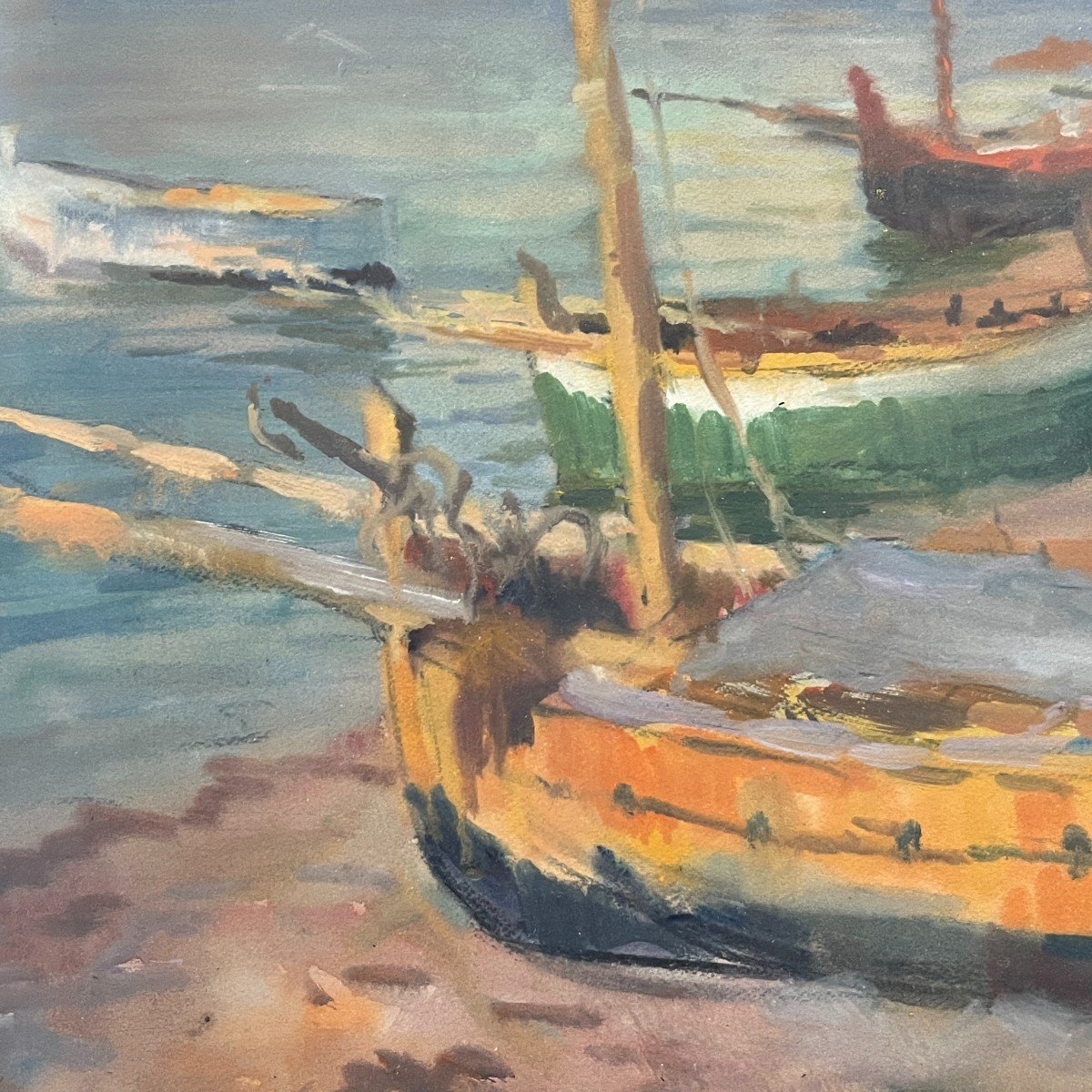 JULES VAN DE LEENE, Tableau " Barques échouées ", Gouache sur carton, ca 1920-photo-1