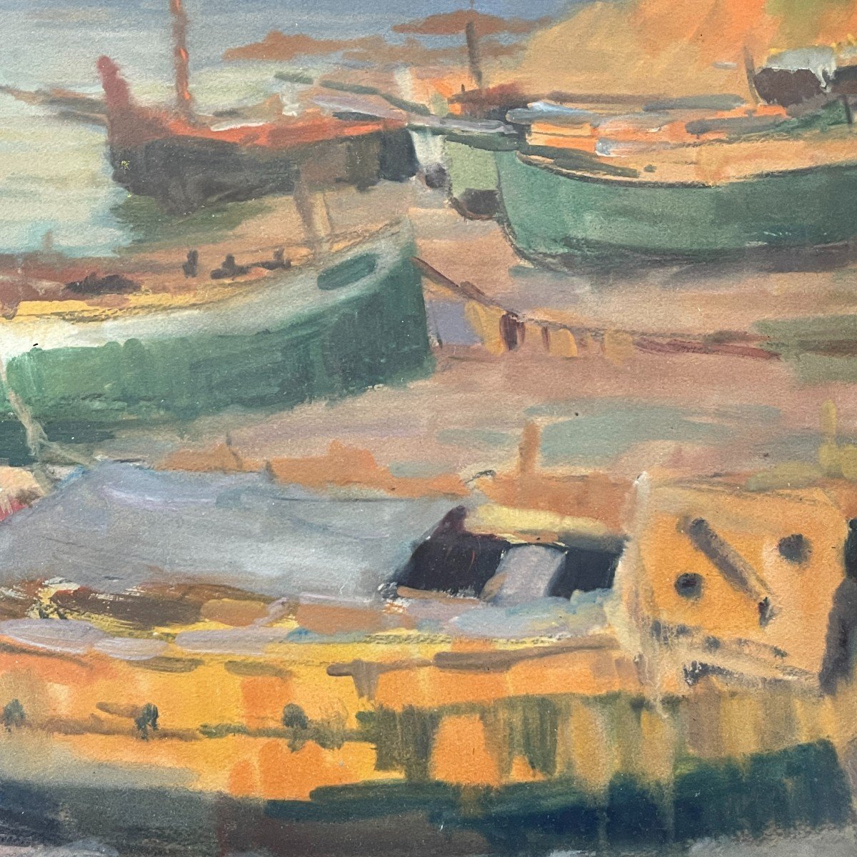 JULES VAN DE LEENE, Tableau " Barques échouées ", Gouache sur carton, ca 1920-photo-2