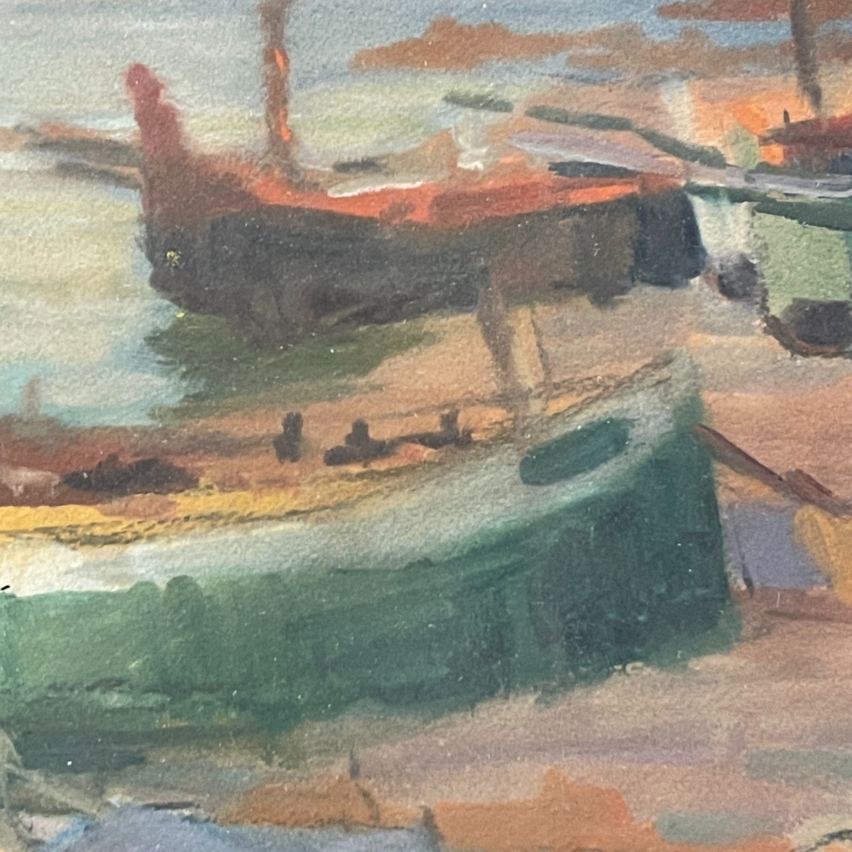 JULES VAN DE LEENE, Tableau " Barques échouées ", Gouache sur carton, ca 1920-photo-3