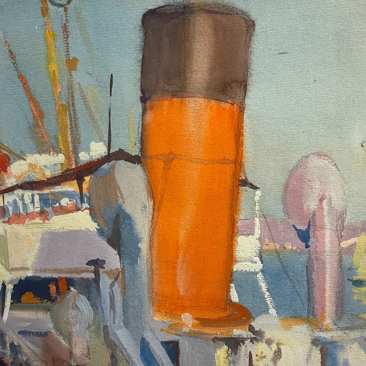 JULES VAN DE LEENE, Tableau " Paquebot à quai " Gouache sur carton, ca 1920-photo-4