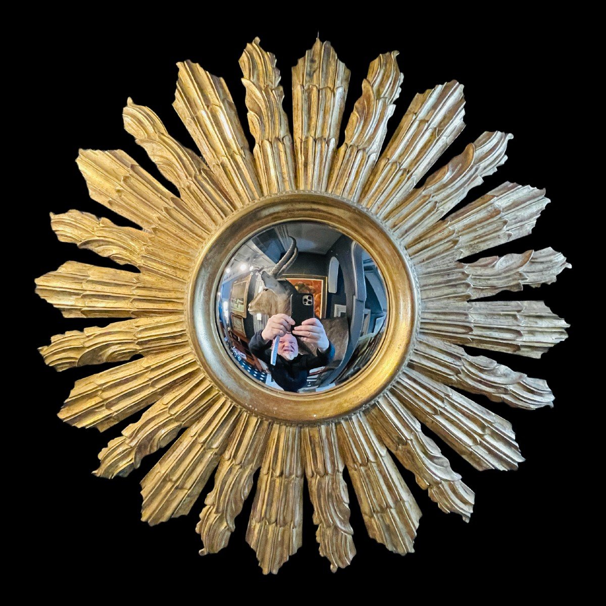 Witch Mirror, Wall Sunburst (70 Cm), Golden Carved Wood, Ca 1950-photo-2