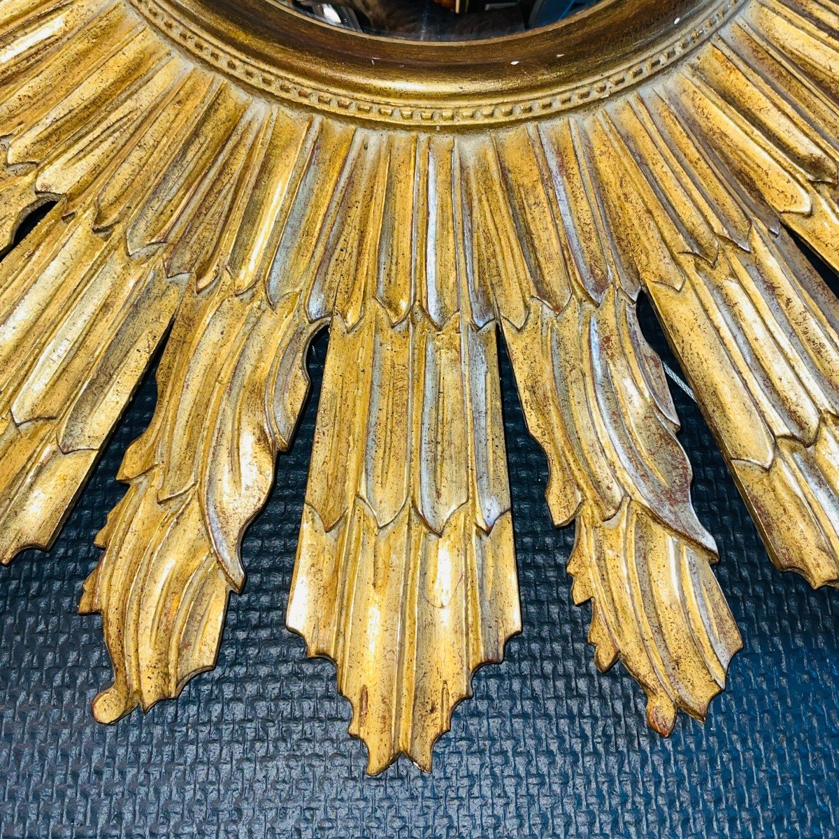 Witch Mirror, Wall Sunburst (70 Cm), Golden Carved Wood, Ca 1950-photo-1