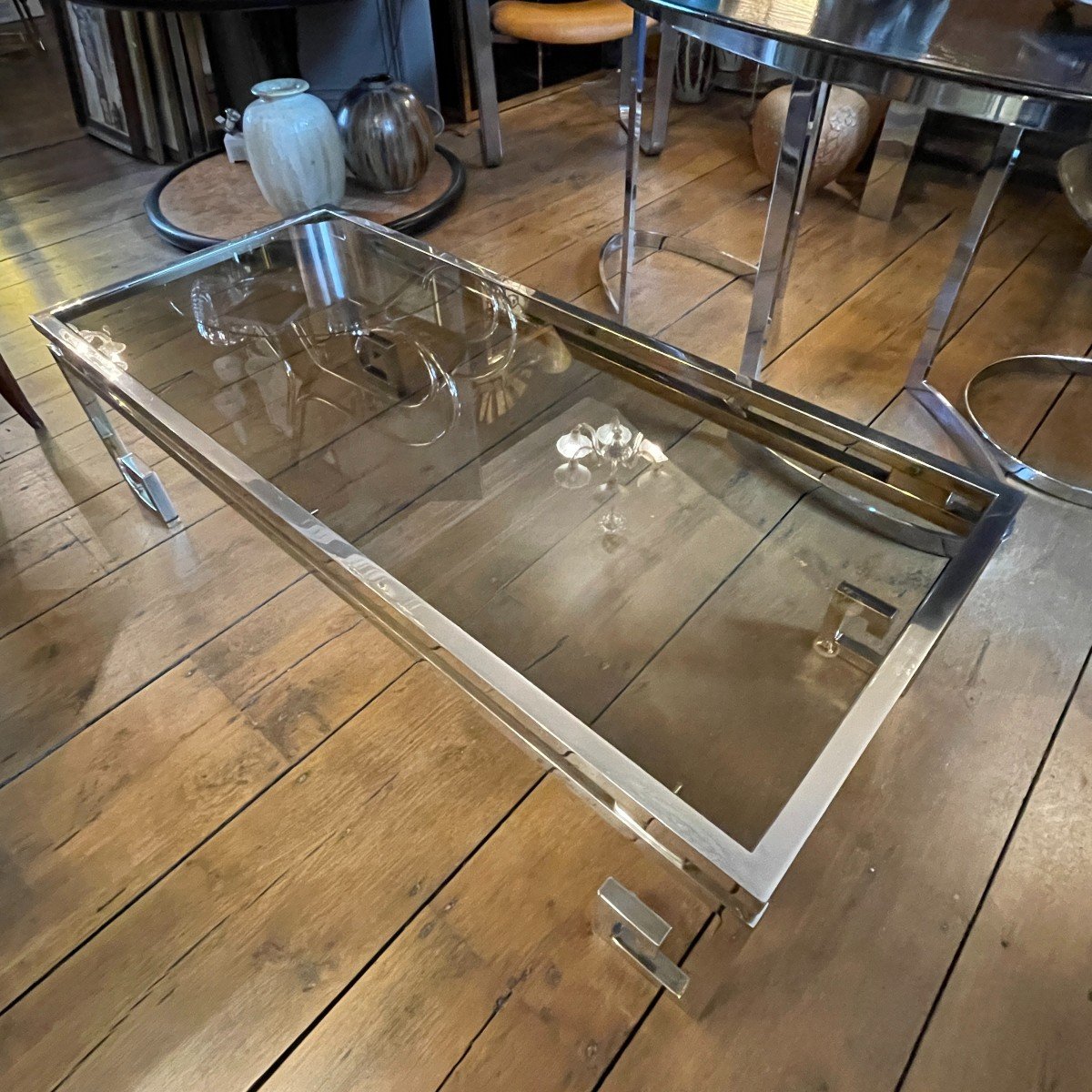 Belgo Chrome, Hollywood Regency Coffee Table, Chrome Steel & Glass, Ca 1970-photo-5