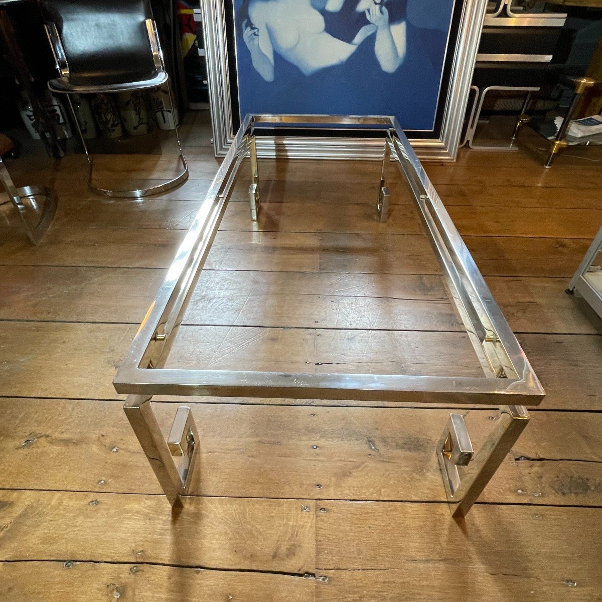 Belgo Chrome, Hollywood Regency Coffee Table, Chrome Steel & Glass, Ca 1970-photo-6