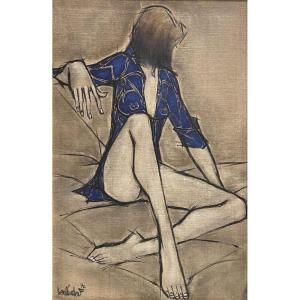 Francis Verlinden, Painting "blue Woman", Oil On Canvas Signed And Dated 1977