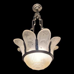 Hettier & Vincent (attr), Art Deco Chandelier Sandblasted Pressed Glass, Nickel-plated Bronze, Ca 1930