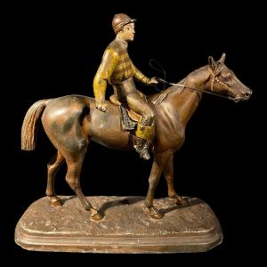 Equestrian Sculpture / Horse Jockey Horse Statue, Polychrome Regule, Ca 1890