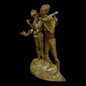 Jean Delcourt "baseball Players", Bronze Sculpture, Lost Wax, Unique 1/1, 2002