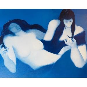 Luc Perot, Post-expressionist Painting "blue Women" Oil On Canvas, 1973