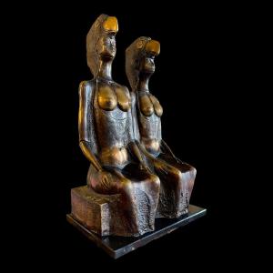 Jef Van Thuerenhout 'the Birds, Two Queens' Nude Expressionist Bronze Sculpture 54cm, 1980