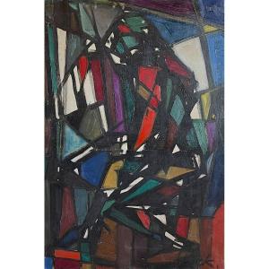 Ferdinand Vonck, Tableau Abstrait, Peinture Huile Sur Toile, Ca 1950