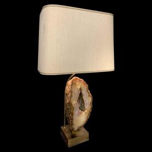 Willy Daro, Grande Lampe Agate Géode, Pied En Bronze, Hollywood Regency 1970s