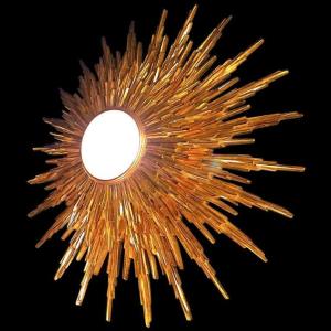 " Sunburst " 80cm Large Double Sun Wall Light Fixture, Golden Witch Mirror Type, Ca 1960