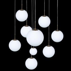 Glashütte Limburg, Lustre Suspensions Cascade, 9 Boules Verre Dépoli Blanc, Ca 1970