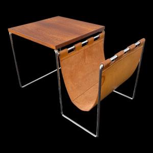 Table d'Appoint / Porte-journaux Vintage En Cuir, Palissandre Acier Chromé 1970