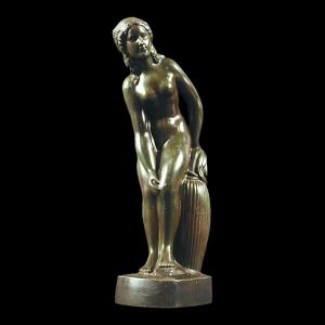 Just Andersen " Femme Nue " Sculpture Art Déco Danoise, Disko Métal Patiné Bronze, 1925s