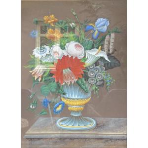 "bouquet De Fleurs" Tableau Nature Morte De Style Néo Classique, Gouache Sur Parchemin, Ca 1830