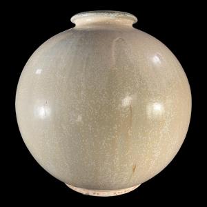 Roger Guerin, Art Deco Ceramic Ball Vase, R030 White Shape, Bouffioulx Stoneware, Ca 1925