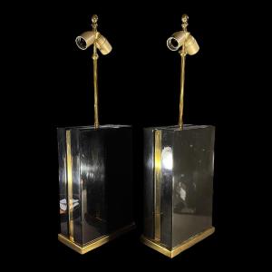 Pair Of Hollywood Regency Style Black Lacquered And Brass Table Lamps, Circa 1970