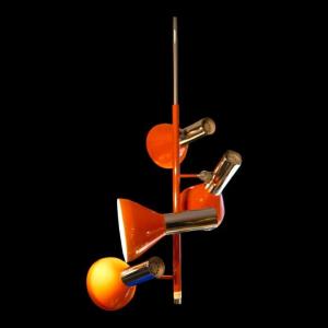 Suspension Vintage 4 Spots / Lustre Orientable, Chromé & Laqué Orange, Design Space Age, 70s