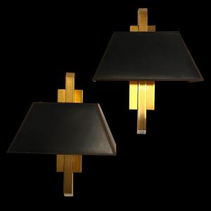 Deknudt, Pair Of Gilt Brass Wall Lights, Hollywood Regency Style, Ca 1970