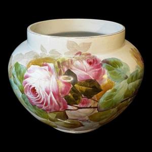 Verbanum Stone Laveno, Large Flowerpot Floral Decor Roses Ceramic Earthenware Faience, Ca 1900