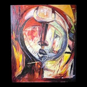 Roger Botembe "the Face" Abstract Mask, Painting Oil On Canvas, Ca 2010