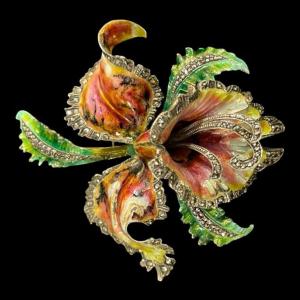 Brooch 'orchid Or Iris Flower' In Enamelled Sterling Silver, Mid 20th Century