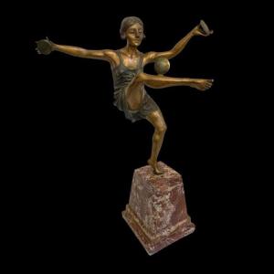 Leonildo Giannoni 'nude Dancer With Records' Art Deco Polychrome Bronze Sculpture, Ca 1930