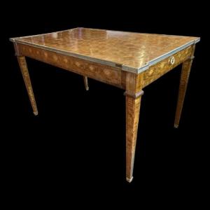 Table / Desk Louis XVI Directoire Inlaid, Brass Belt 2 Drawers, 19th