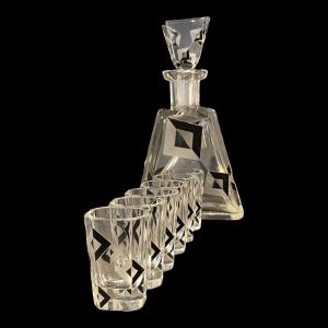 Karl Palda, Art Deco Crystal Liquor Service, Cubist Decor, Ca 1930