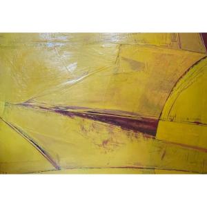 Serge Detriaux " Abstraction Jaune " Tableau Abstrait, Huile sur Panneau, 1982