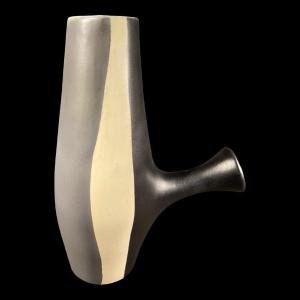 Mado Jolain, Modernist Pitcher / Vase With Handle In Black White Gray Ceramic, Ca 1950s