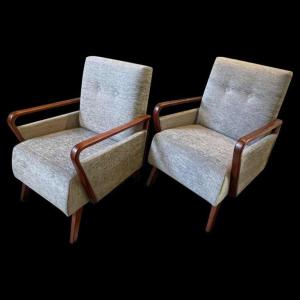 Pair Of Fully Restored Vintage Armchairs, Czech Design, Ca 1950