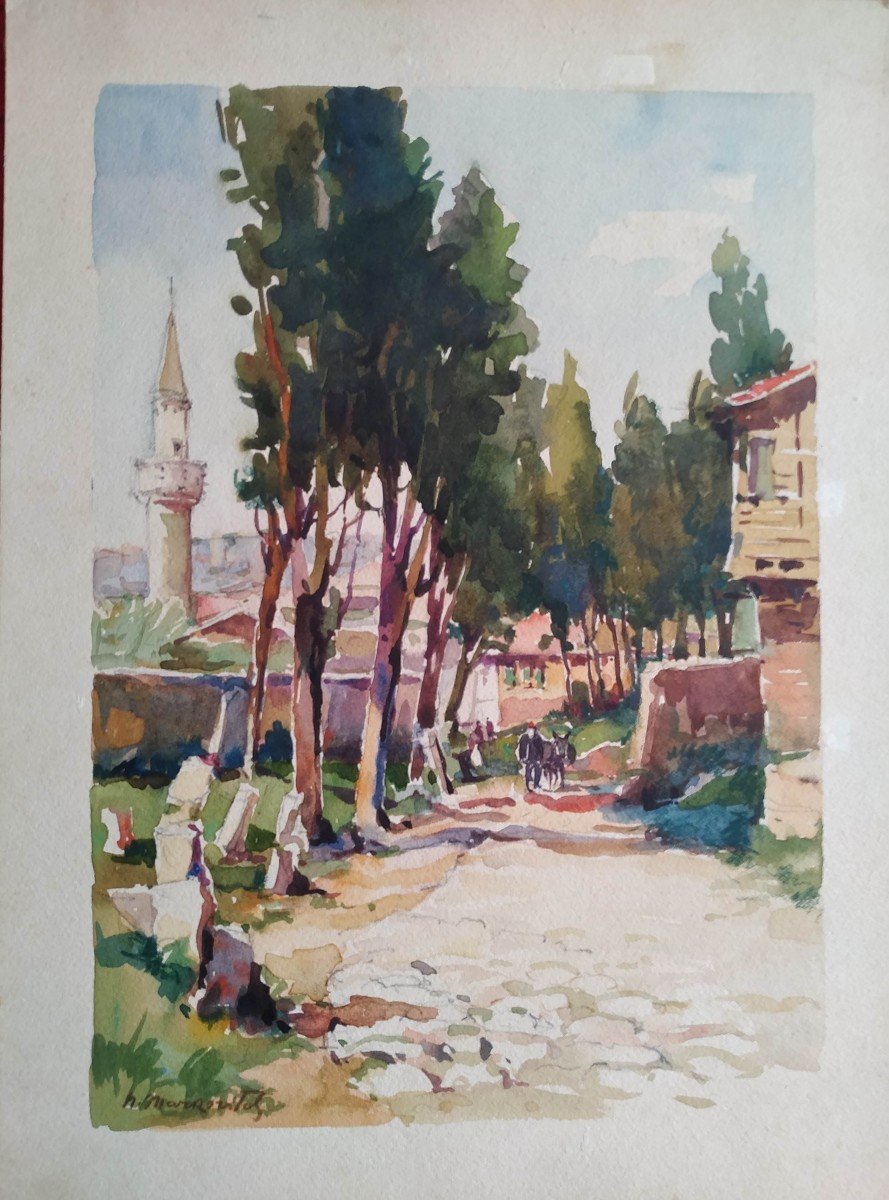 Nicolas  Markovitch : Aquarelle "rue Et Cimetière à Scultari