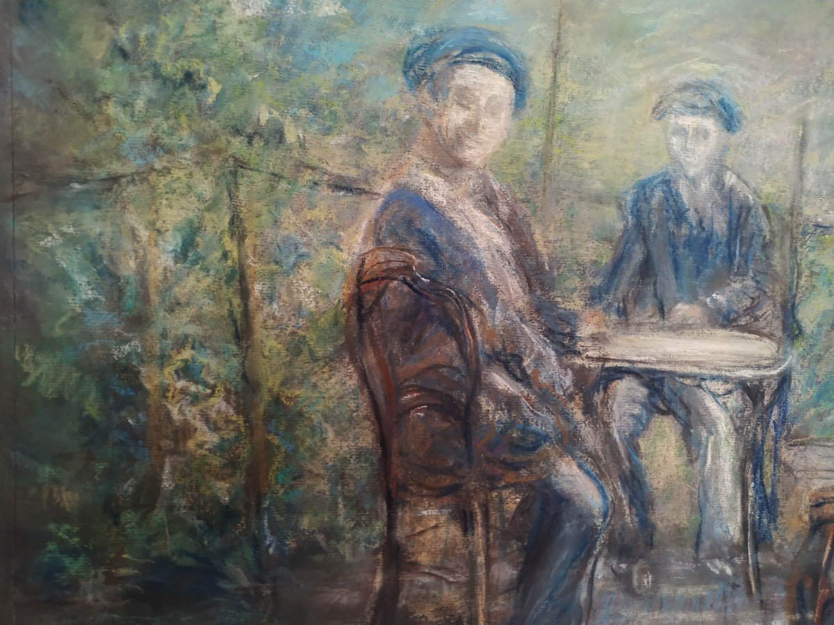 Henri Dreyfus Lemaître : "conversation Sous La Tonnelle" Pastel Sur Papier-photo-3