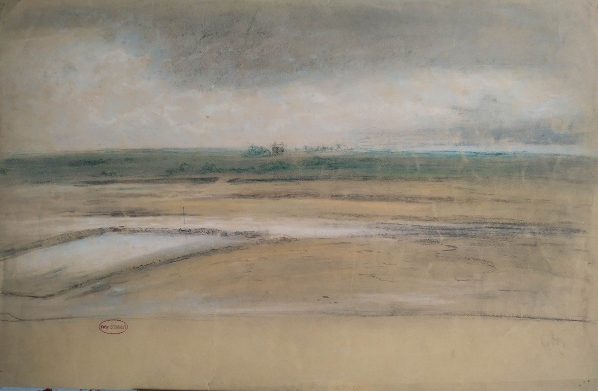 Victor Eekhout: Beach By The Sea. Pastel Around 1850-photo-2