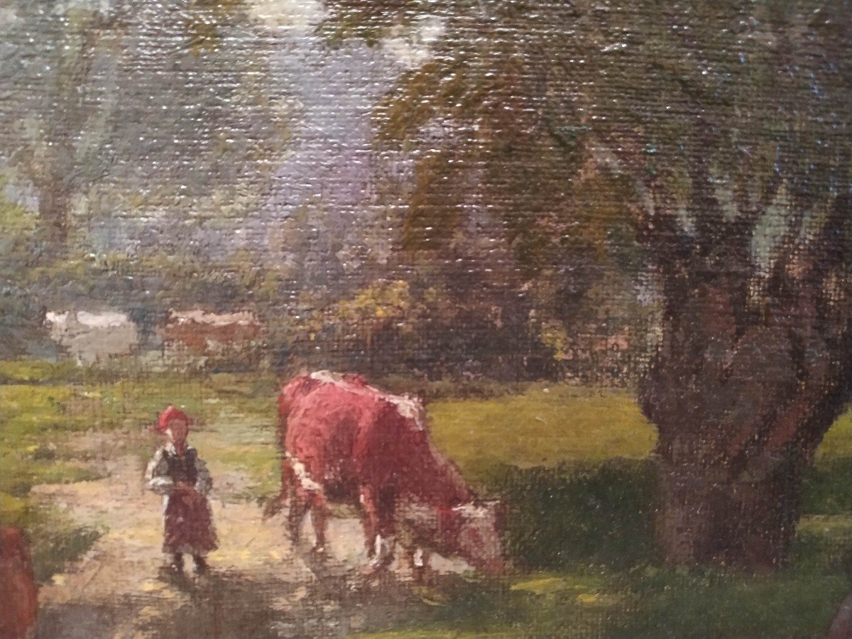 Léon Bonnat : "retour Des Vaches  à l'étable" Huile Sur Toile Vers 1880-photo-2