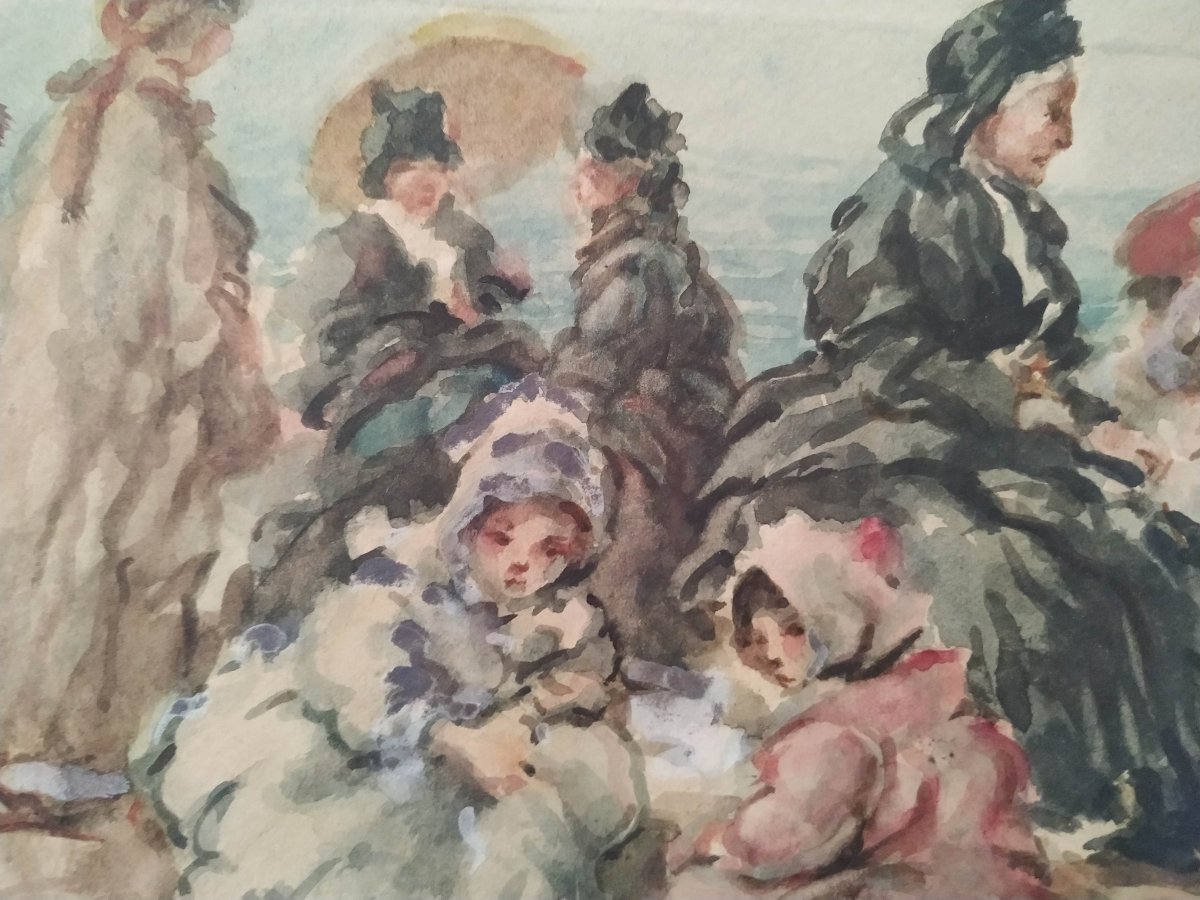 "Scène de plage animée vers 1900" aquarelle sur papier --photo-3