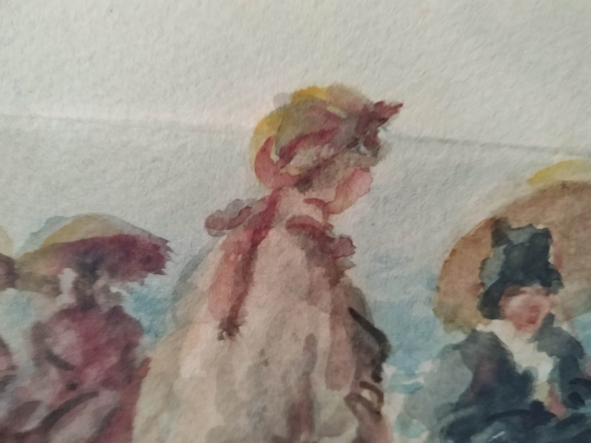 "Scène de plage animée vers 1900" aquarelle sur papier --photo-2