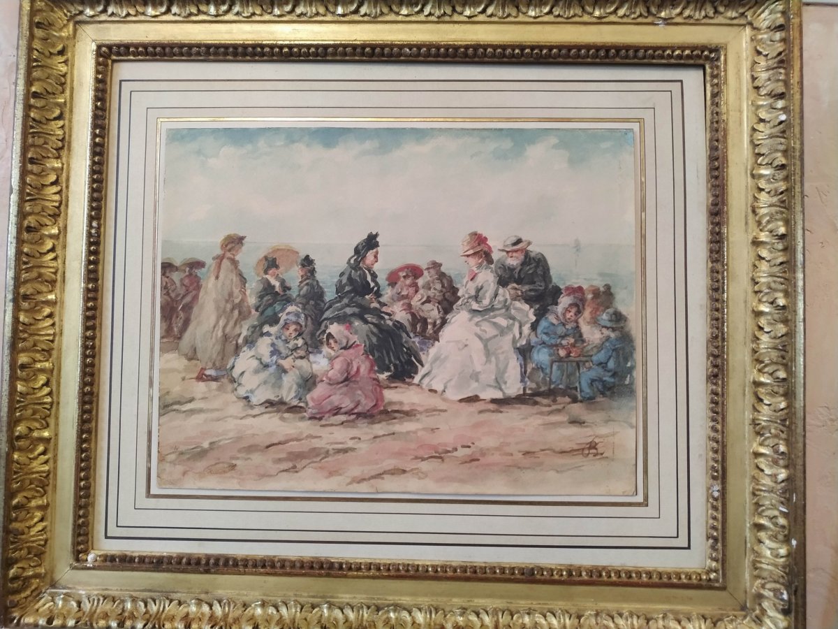 "Scène de plage animée vers 1900" aquarelle sur papier -