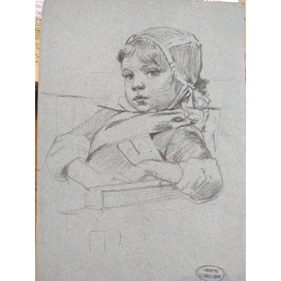 Louis Emile Adan "petite bretonne en tenue régionale" Dessin vers 1910