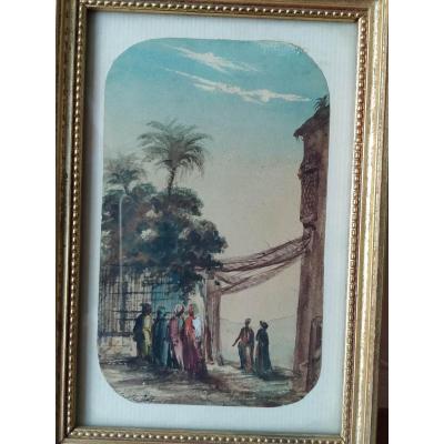 Rey Alphonse  1865 - 1938 : aquarelle. rue d'Alger au palmier